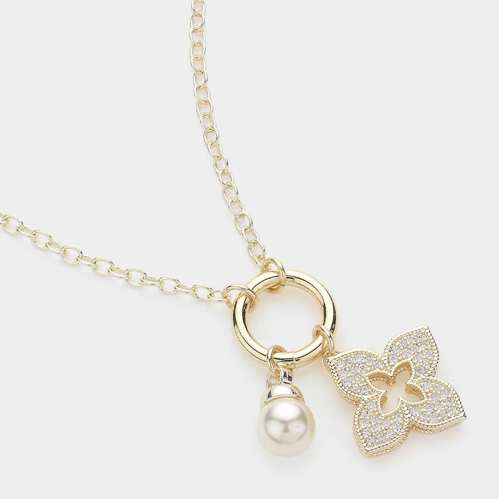14K Gold Plated CZ Paved Clover Pearl Charm Pendant Necklace