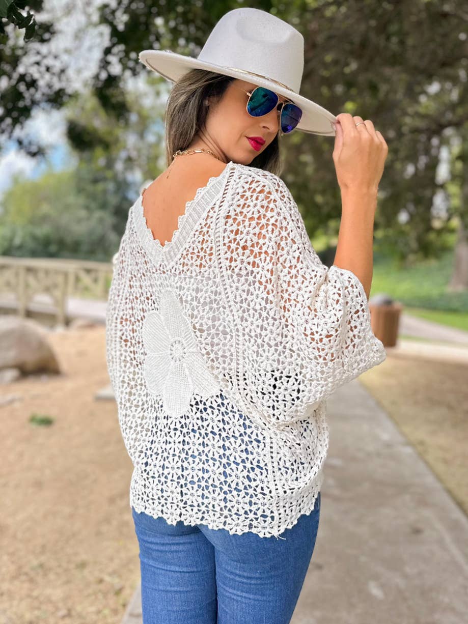 Boho Crochet Dolman Sleeve Top with Bold Flower Detail