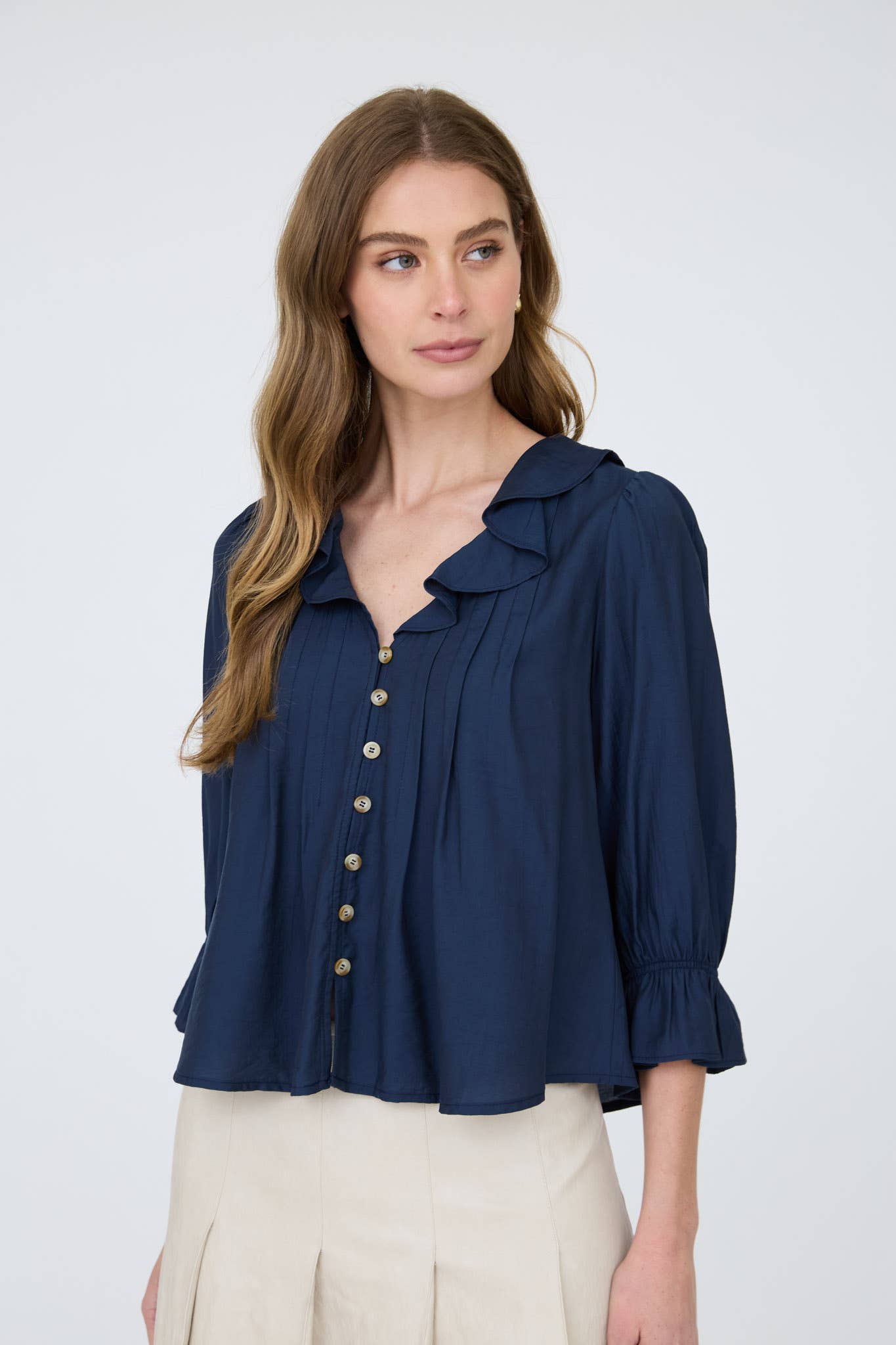 RUFFLED V NECK BUTTON DOWN 3/4 SLEEVE BLOUSE