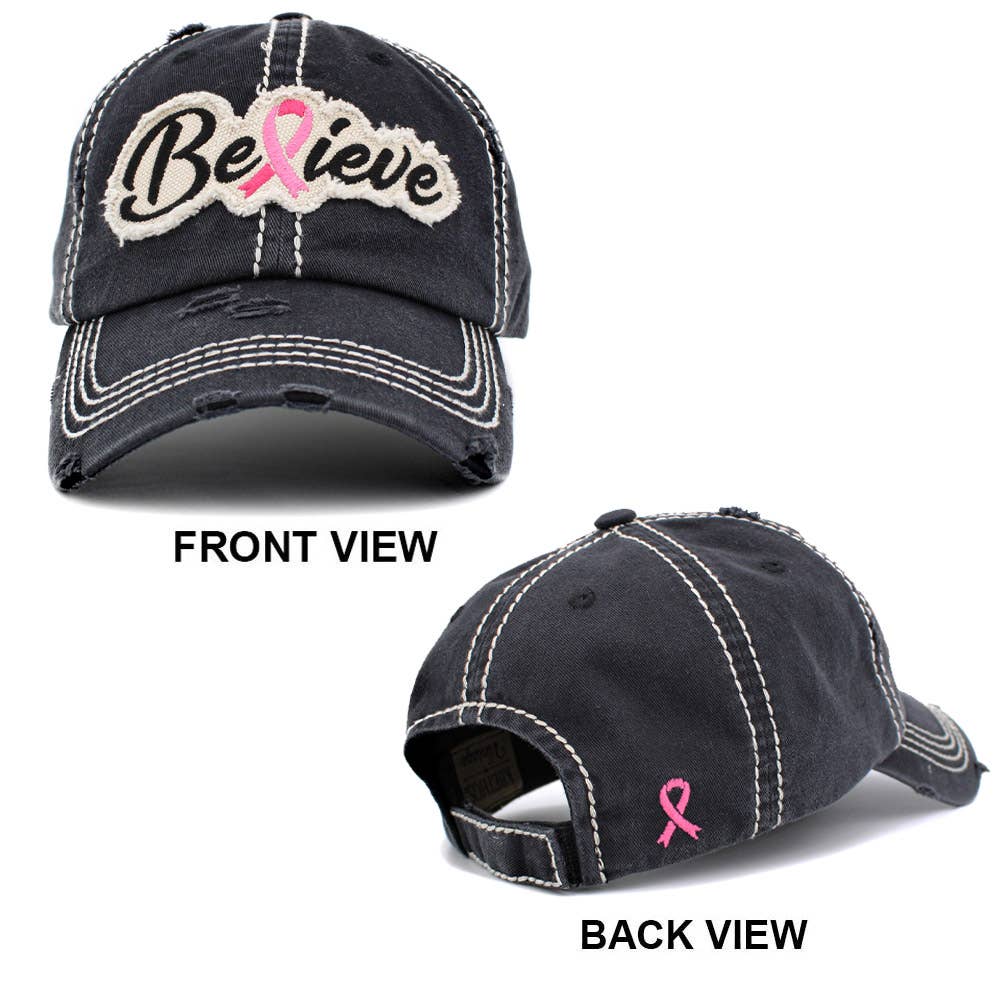 Believe Message Pink Ribbon Accented Vintage Baseball Cap