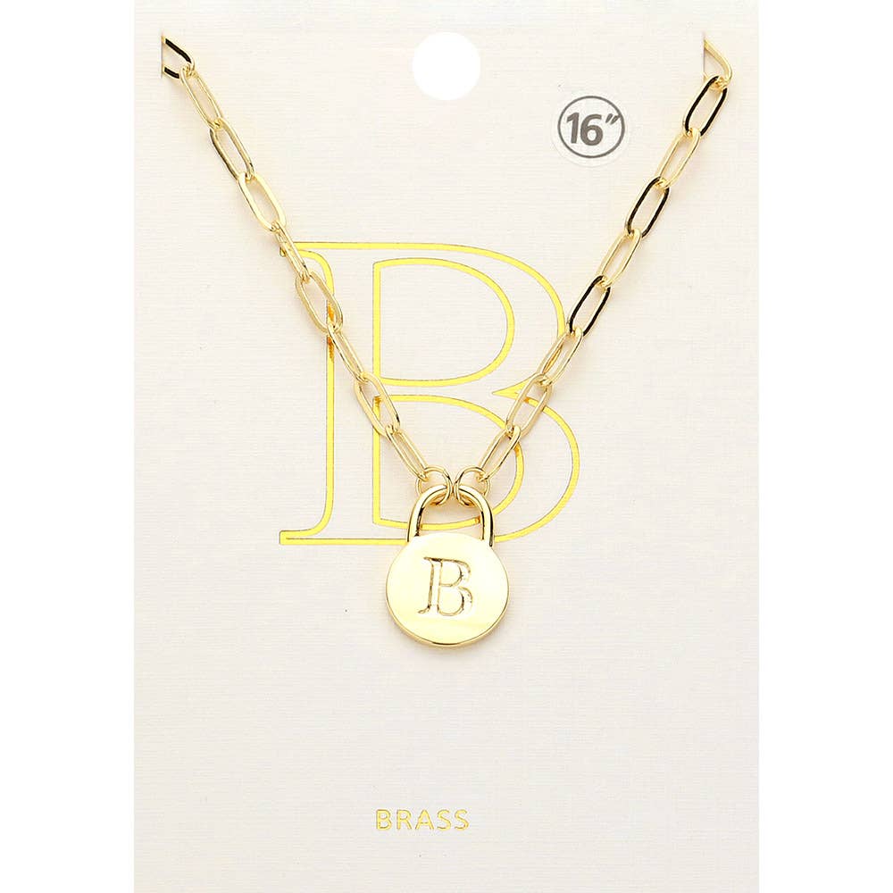 Brass Metal Initial Monogram Lock Pendant Necklace