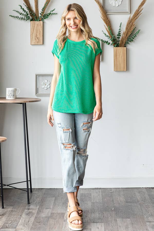 Women's Ribbed Knit Top with Round Neck T5598