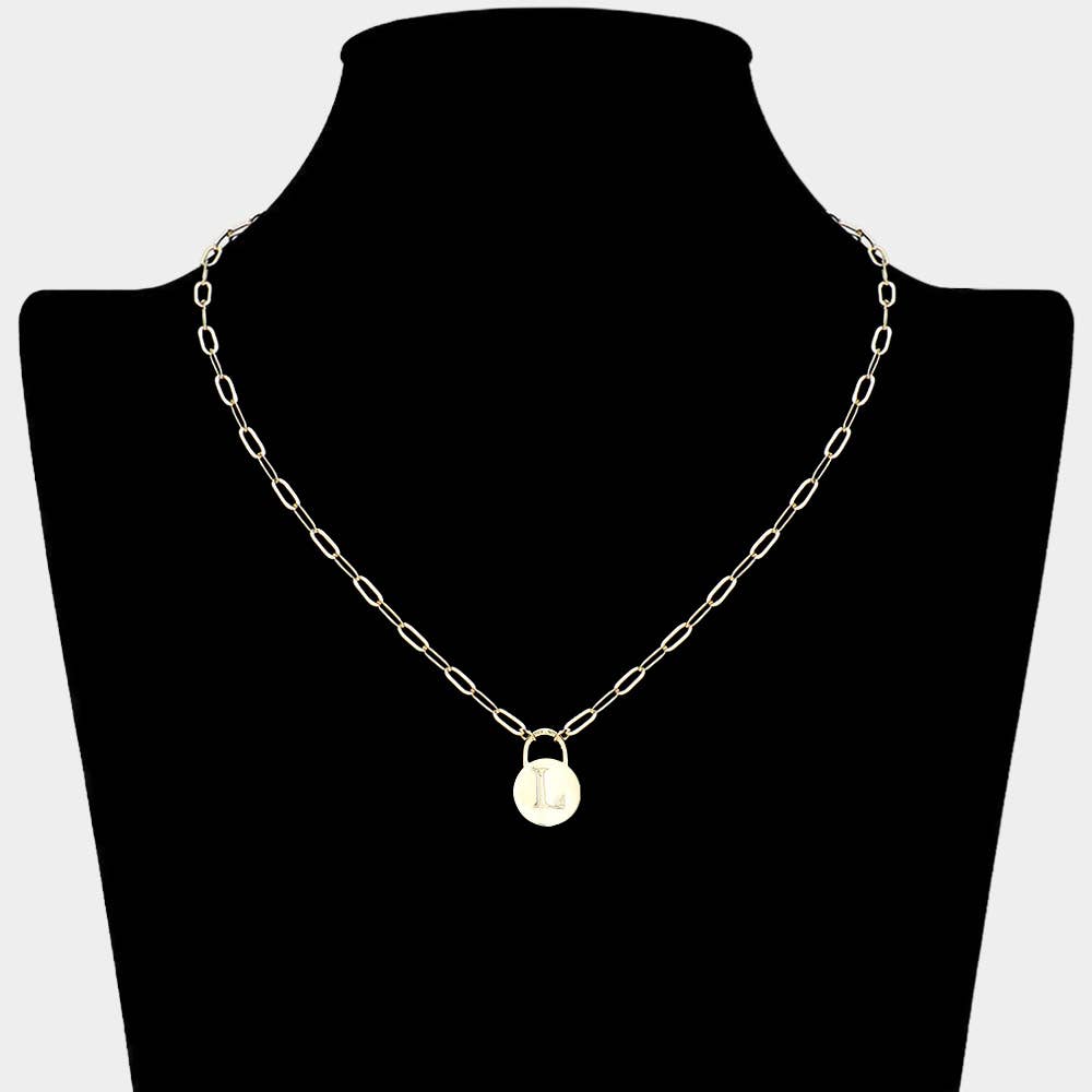Brass Metal Initial Monogram Lock Pendant Necklace