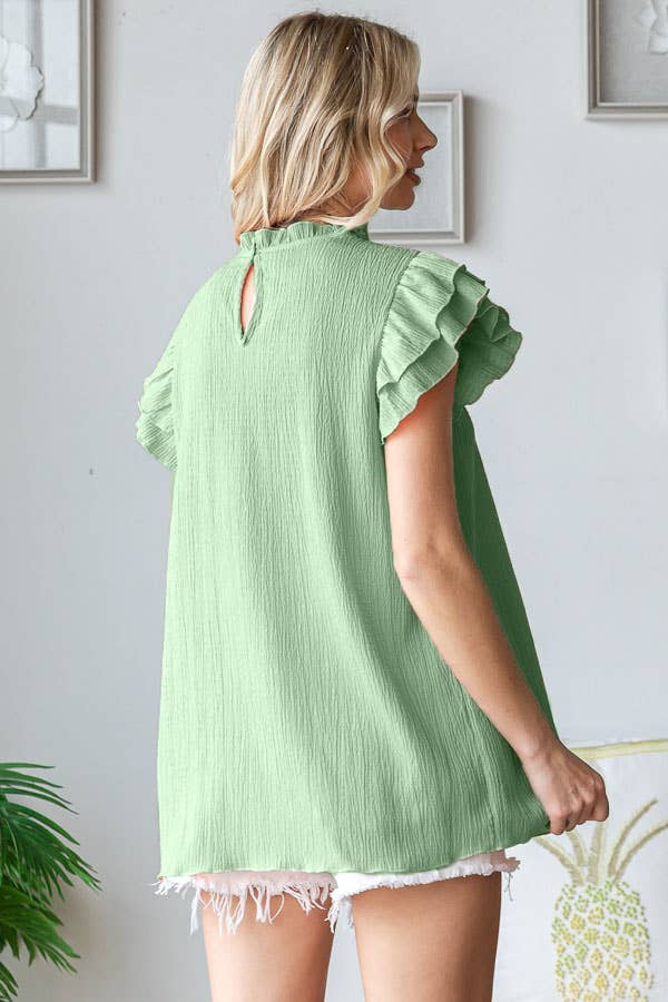 [PLUS SIZE] Crinkle Keyhole Ruffle Mock Neck Blouse T5519XL