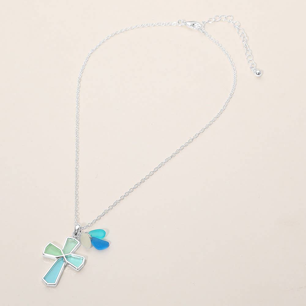 Sea Glass Coastal Cross Pendant Necklace