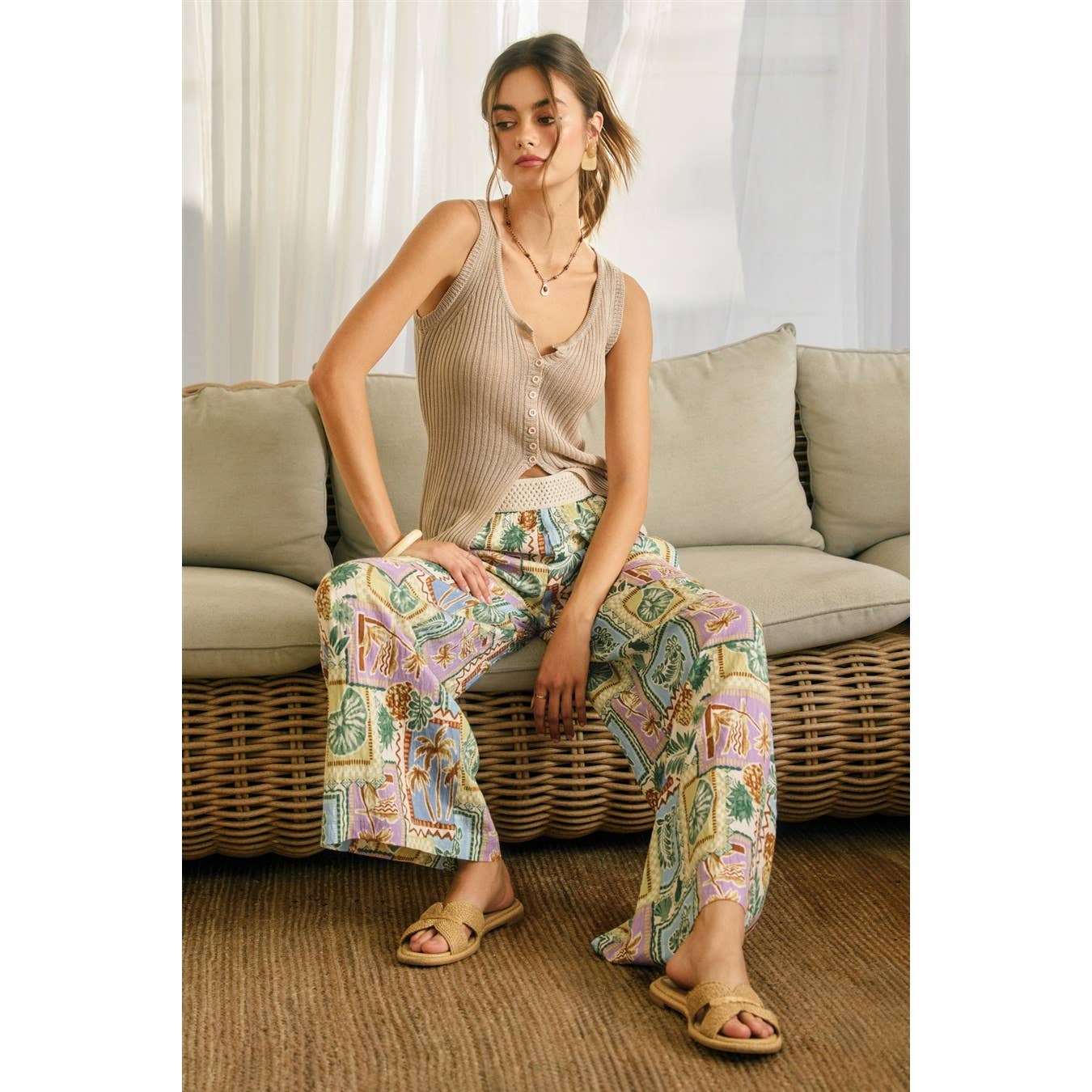 Tropical Conversational Decorative Waist Wide Leg Pants
