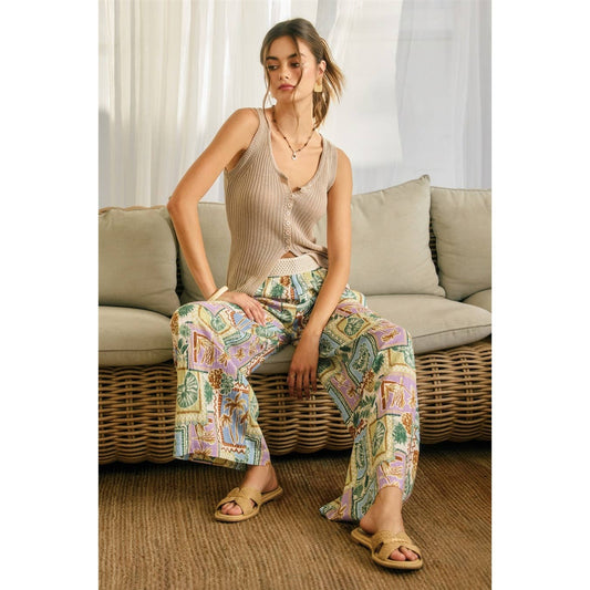 Tropical Conversational Decorative Waist Wide Leg Pants
