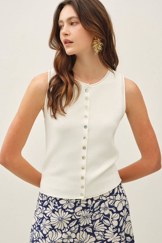 ROLLED HEM BUTTON UP SWEATER VEST TOP