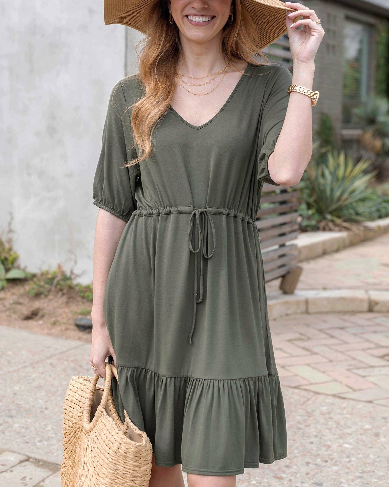 Modal Waist Tie Dress in Olive