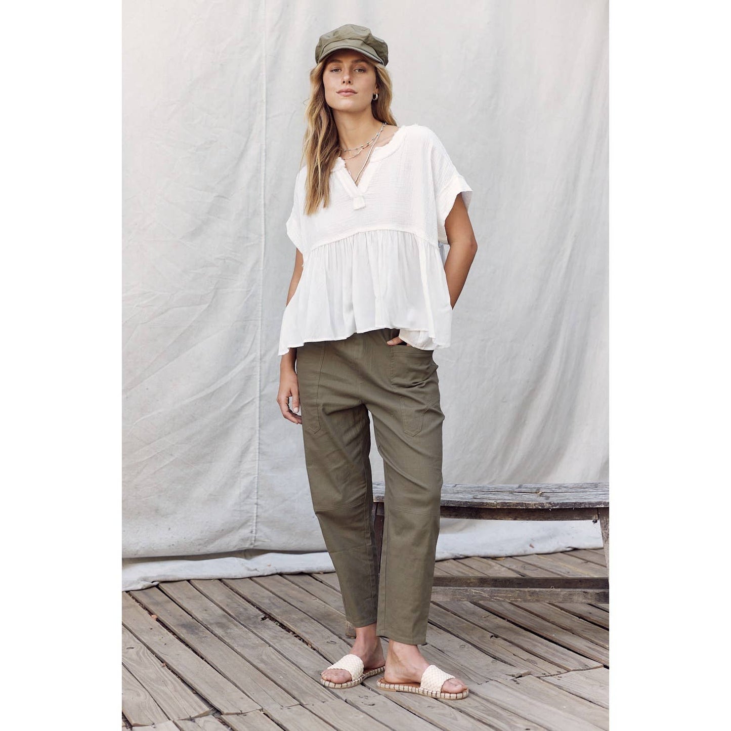 STRETCHED LINEN BLEND DEEP POCKETS CROPPED PANTS