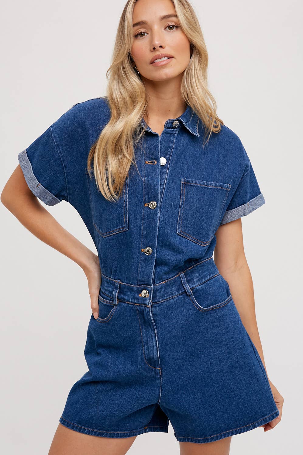 DENIM BUTTON DOWN SHIRT ROMPER