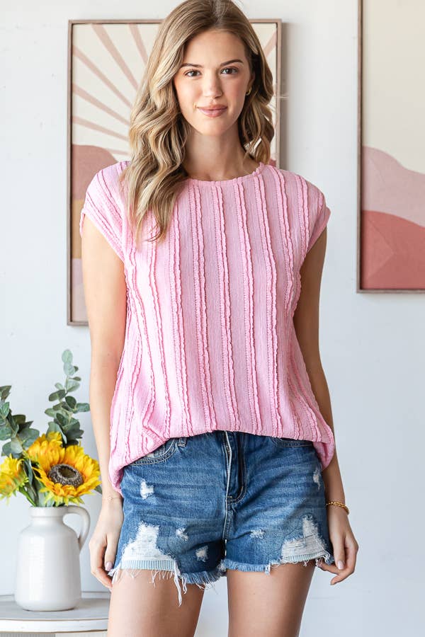 [PLUS SIZE] Stripe Textured Cap Sleeves Blouse T5948XL