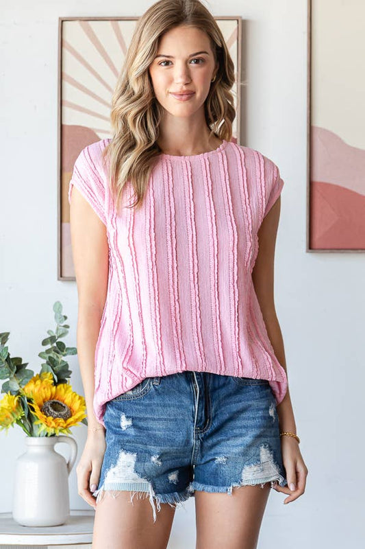 [PLUS SIZE] Stripe Textured Cap Sleeves Blouse T5948XL