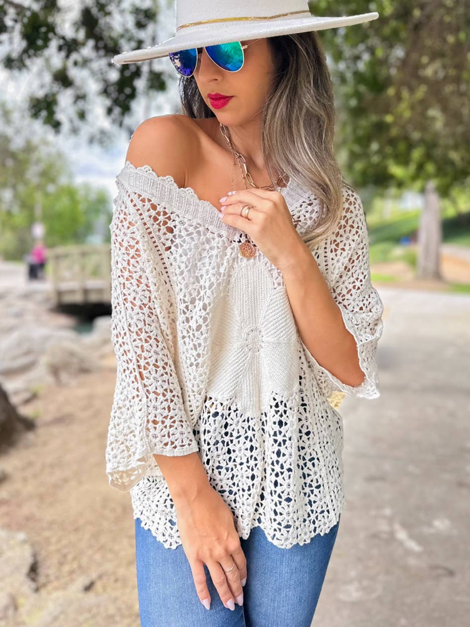 Boho Crochet Dolman Sleeve Top with Bold Flower Detail