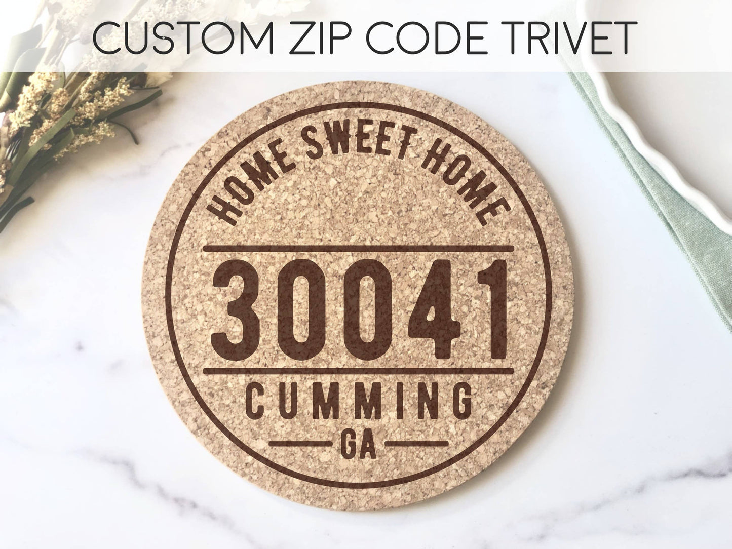 Custom 62035 Zip Code and City Cork Trivet Hot Pad - Circle