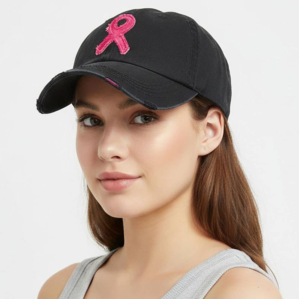 Pink Ribbon Accented Vintage Baseball Cap