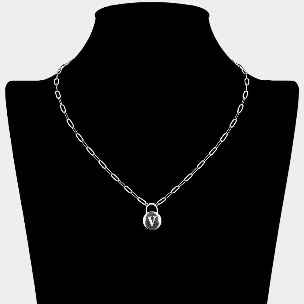 Brass Metal Initial Monogram Lock Pendant Necklace