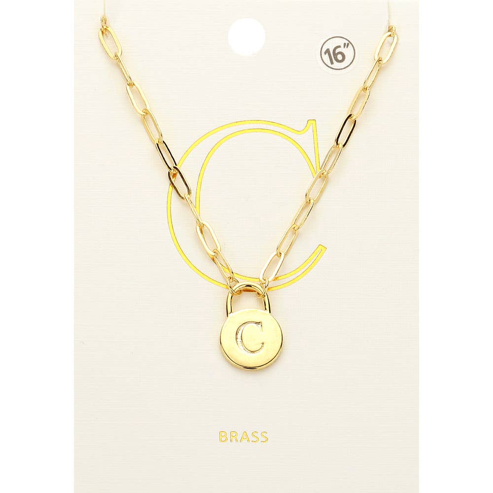 Brass Metal Initial Monogram Lock Pendant Necklace