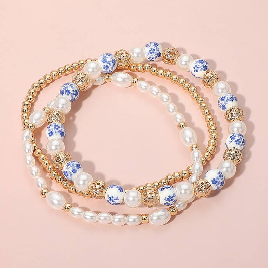 Pearl Ceramic Metal Ball Beaded Stretch Bracelets-3 PCS