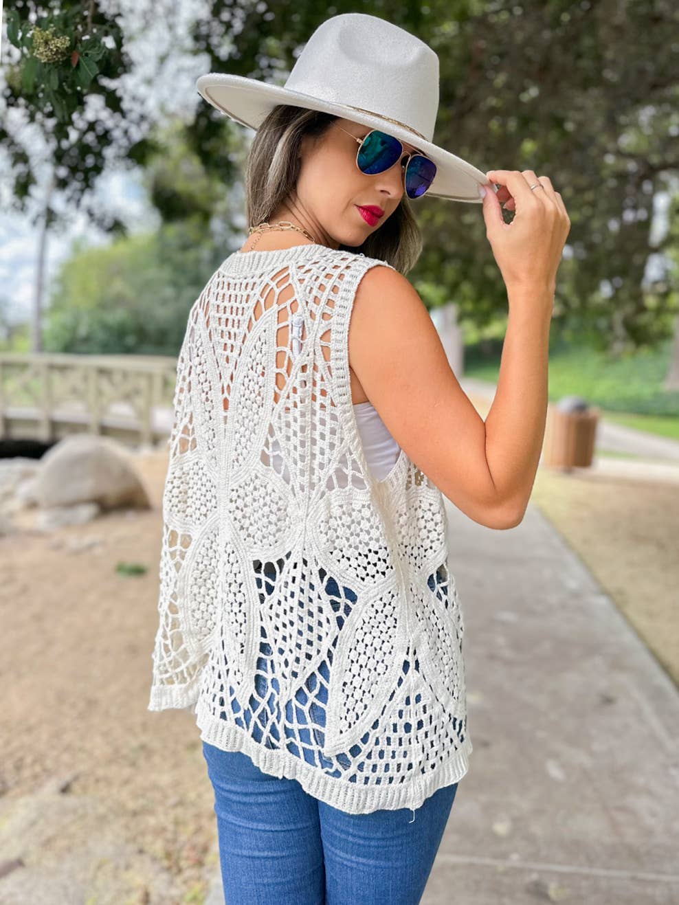 Unique Boho Floral Pattern Open Front Crochet Vest Top