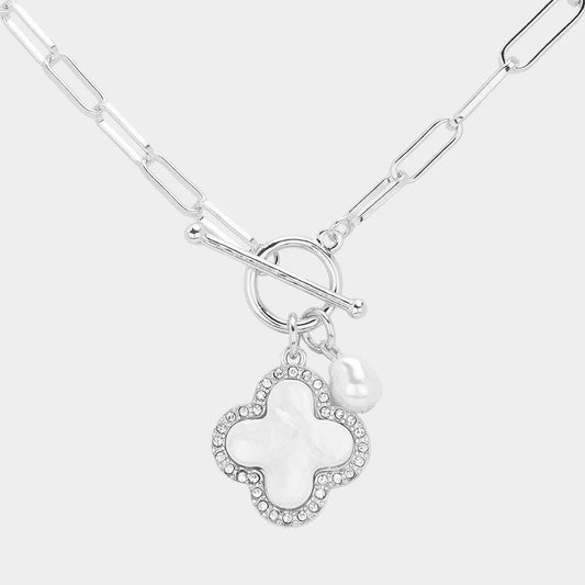 Mother Of Pearl Quatrefoil Pendant Chain Toggle Necklace