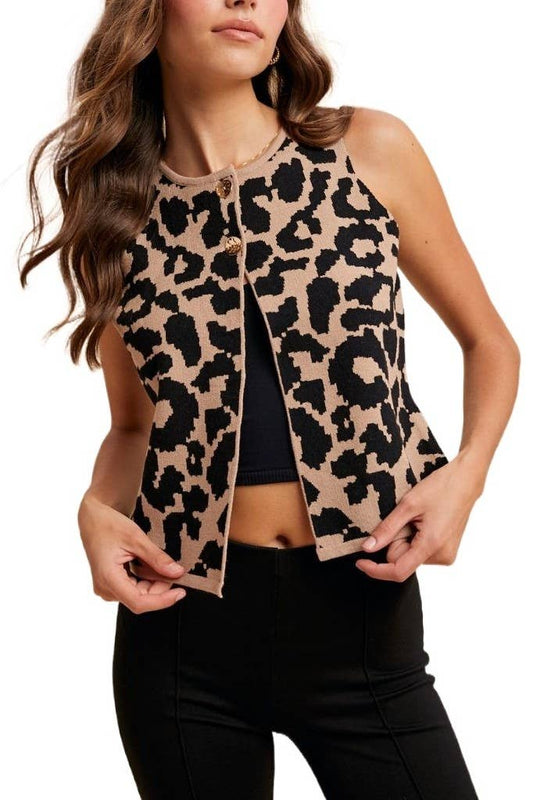 Leopard Jacquard Metal Button Sweater Vest