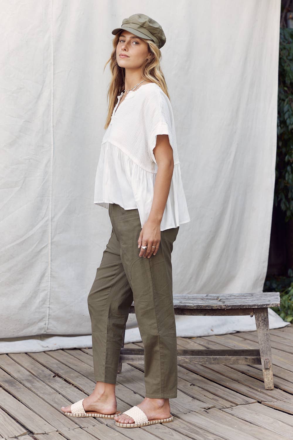 STRETCHED LINEN BLEND DEEP POCKETS CROPPED PANTS