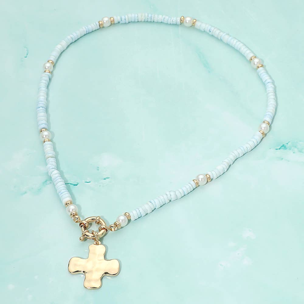 Hammered Metal Cross Charm Pendant Accent Pearl Flat Beaded Necklace