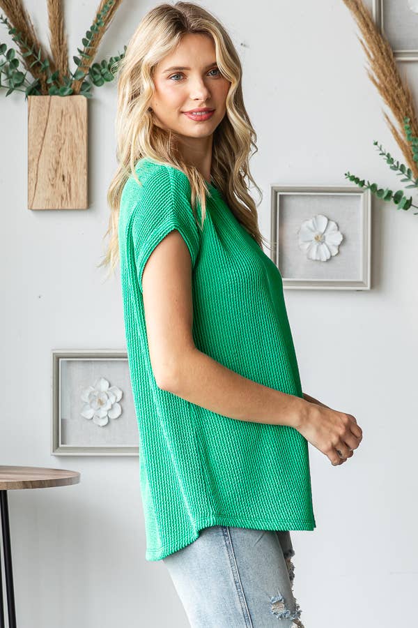 Women's Ribbed Knit Top with Round Neck T5598