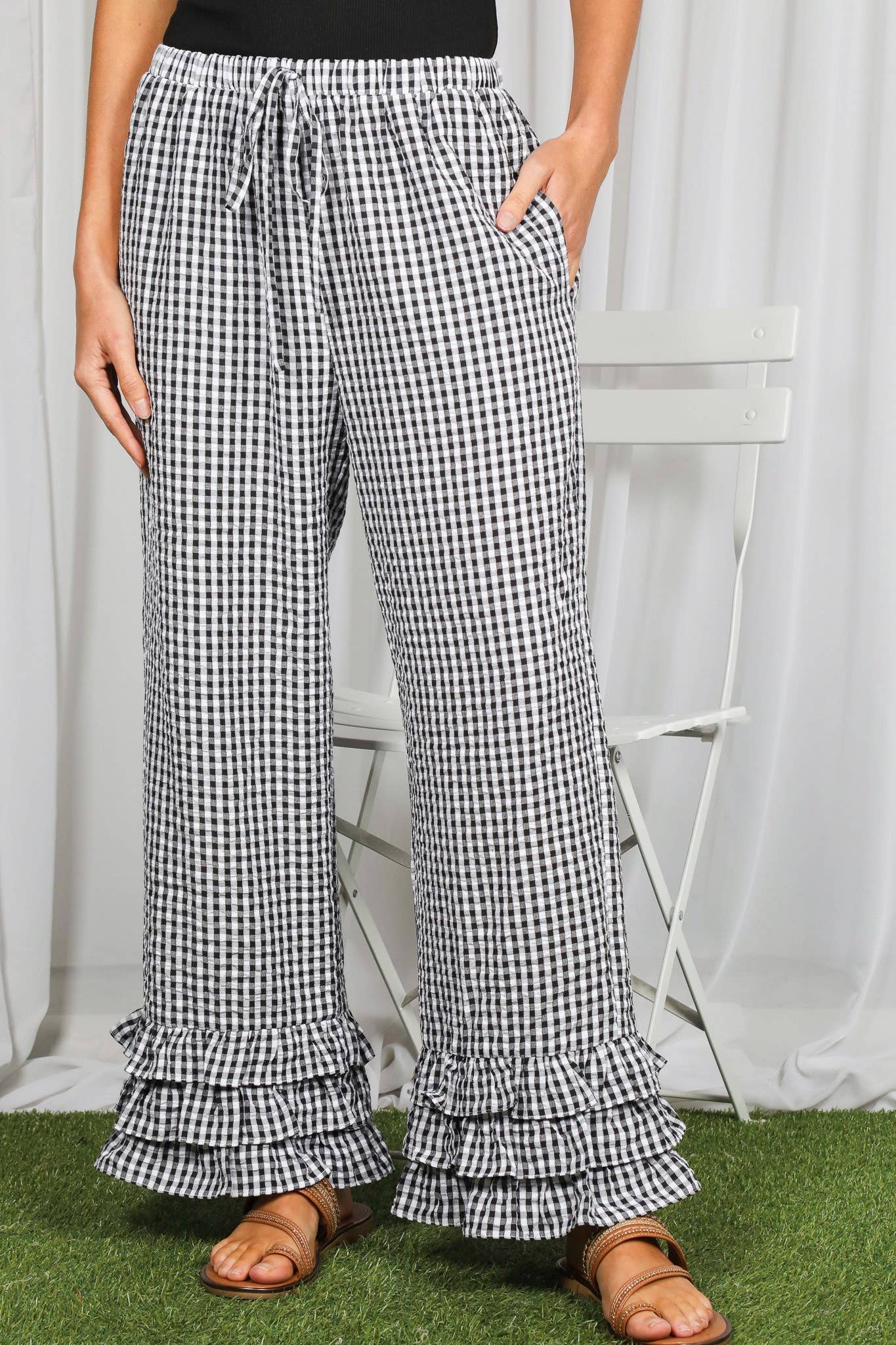 Gingham Layered Ruffle Hem Cropped Pants