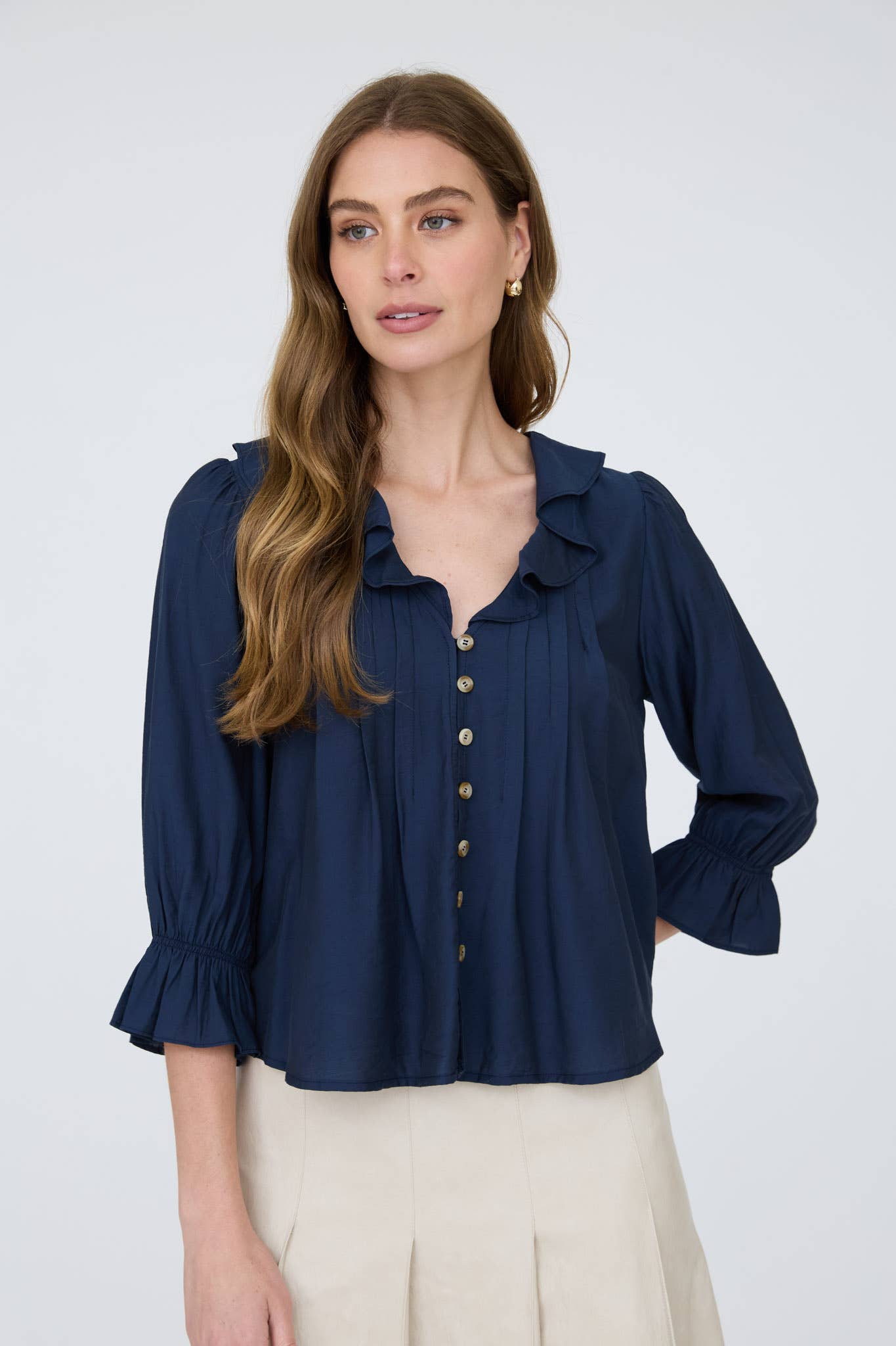 RUFFLED V NECK BUTTON DOWN 3/4 SLEEVE BLOUSE