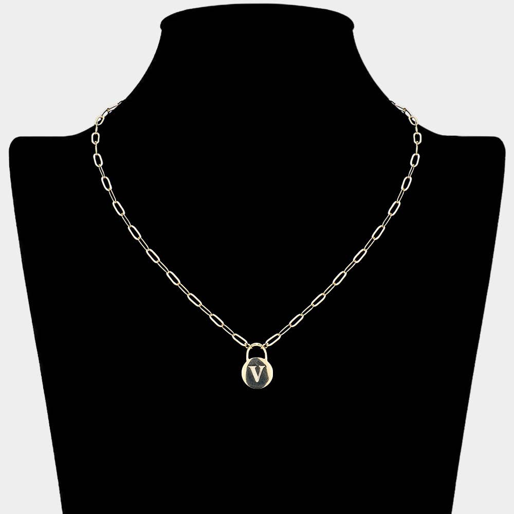 Brass Metal Initial Monogram Lock Pendant Necklace