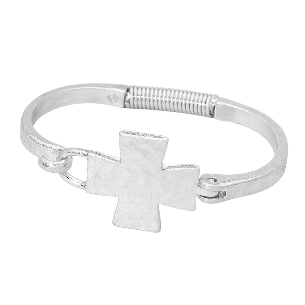 Hammered Metal Cross Accent Hinged Bangle Bracelet