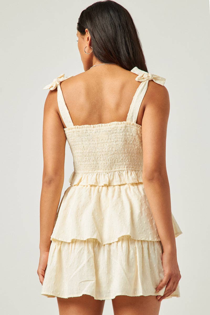 Womens Swiss Dot Ruffled Bow Tie Smocked Crop Tank