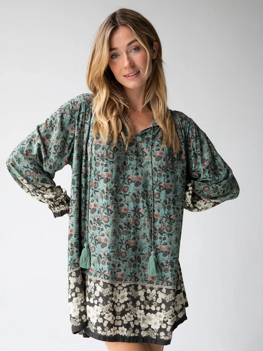 Natural Life Dara V-Neck Tunic Dress-Sage Black Floral Border