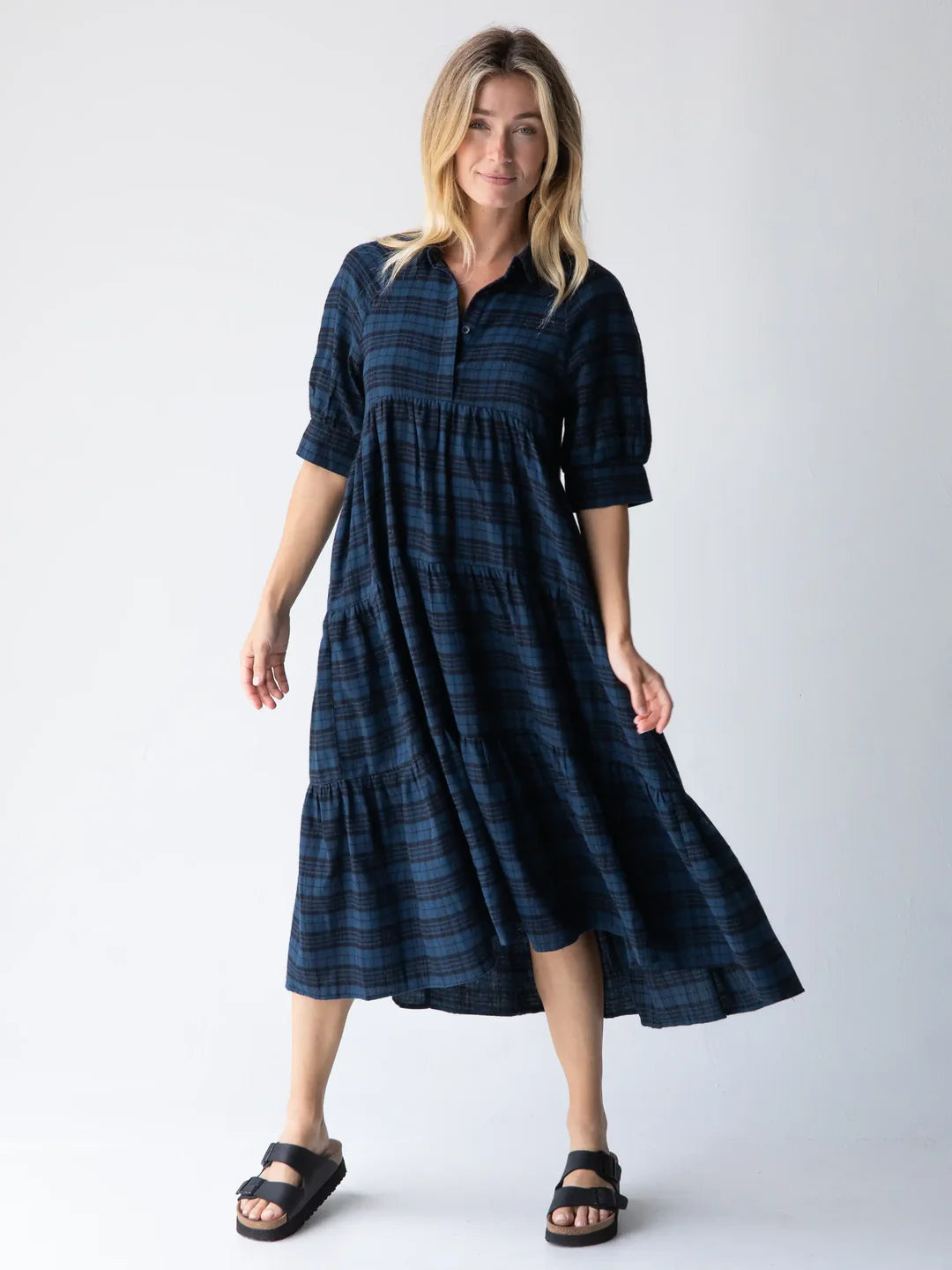 Natural Life Rebecca Flannel Midi Dress-Blue Black Plaid