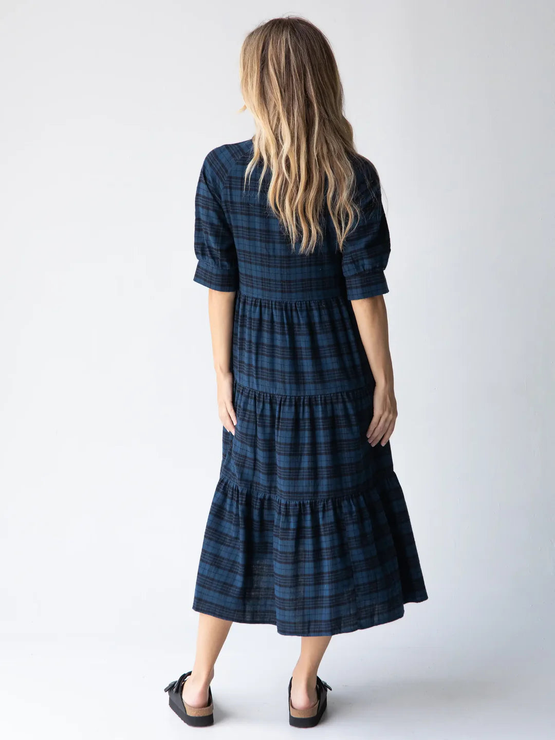 Natural Life Rebecca Flannel Midi Dress-Blue Black Plaid