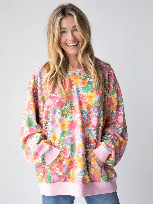 Natural Life Oversized Printed Sweatshirt- Rainbow Floral