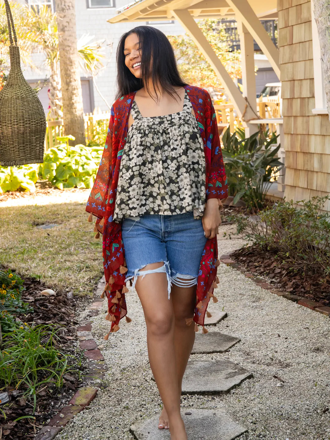 Natural Life Kate Pleated Tank Top-Black White Floral