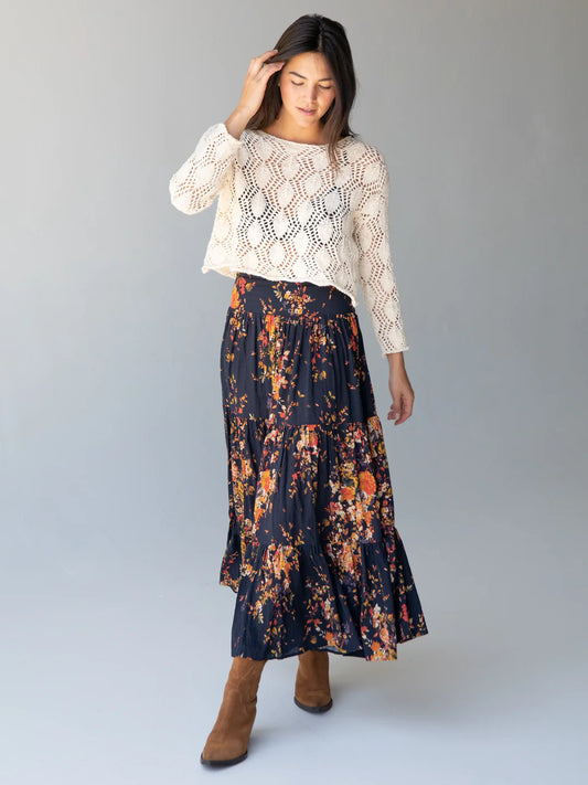 Natural Life Hanna Convertible Maxi Skirt-Navy Red Bouquets