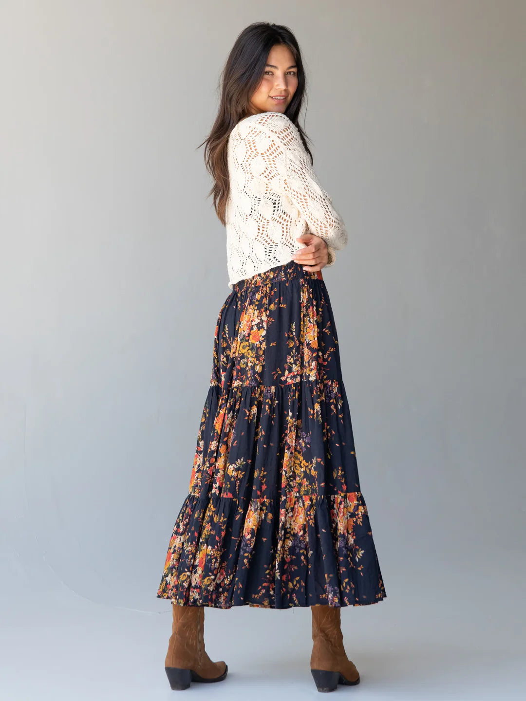 Natural Life Hanna Convertible Maxi Skirt-Navy Red Bouquets