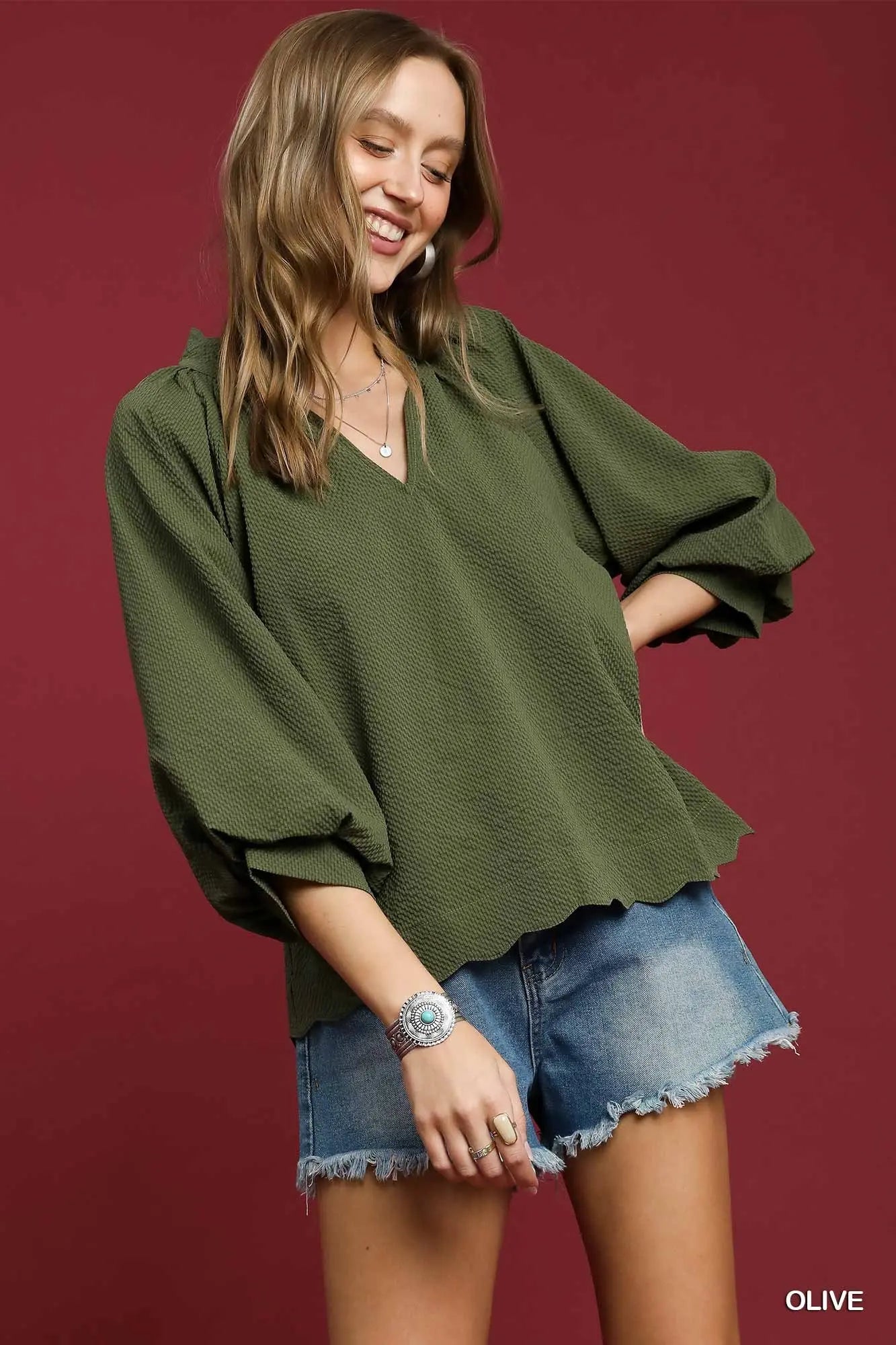 Umgee Split V Neck Top with Balloon Sleeves