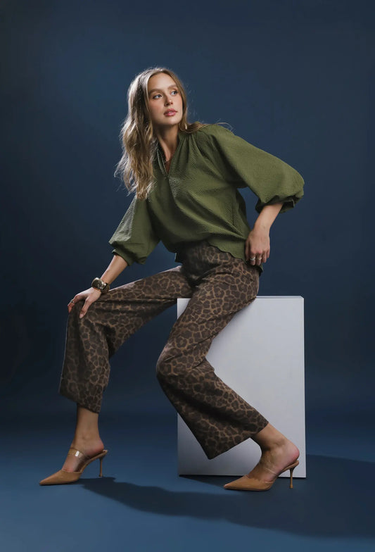 Umgee Split V Neck Top with Balloon Sleeves