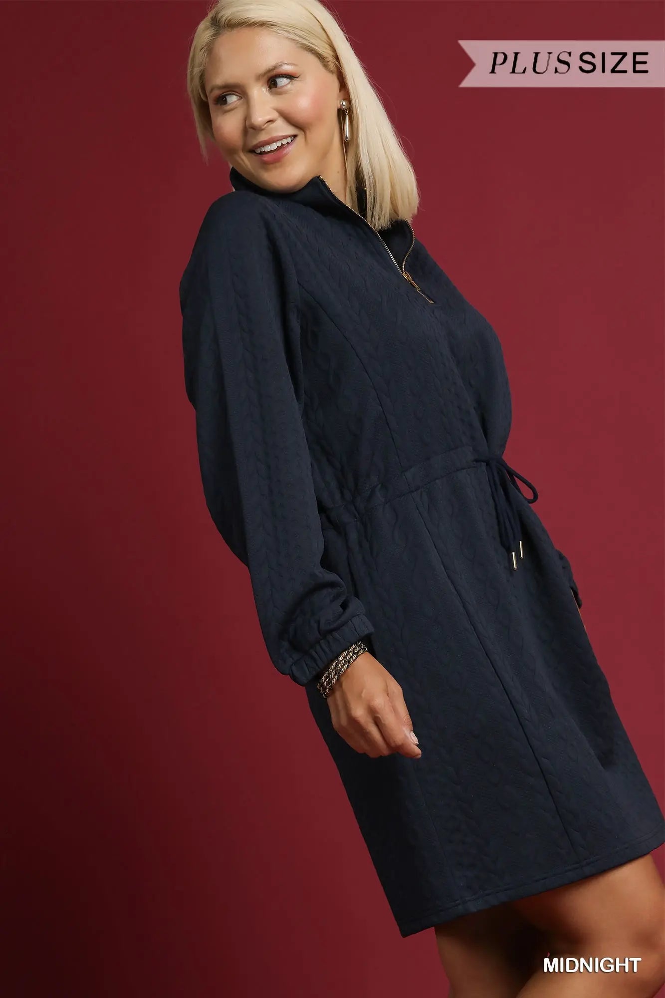 Umgee Plus Size Cable Knit Drawstring Quarter-Zip Dress