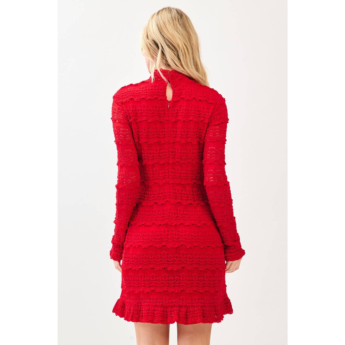 RUFFLE LACE MOCK NECK LONG SLEEVE MINI DRESS