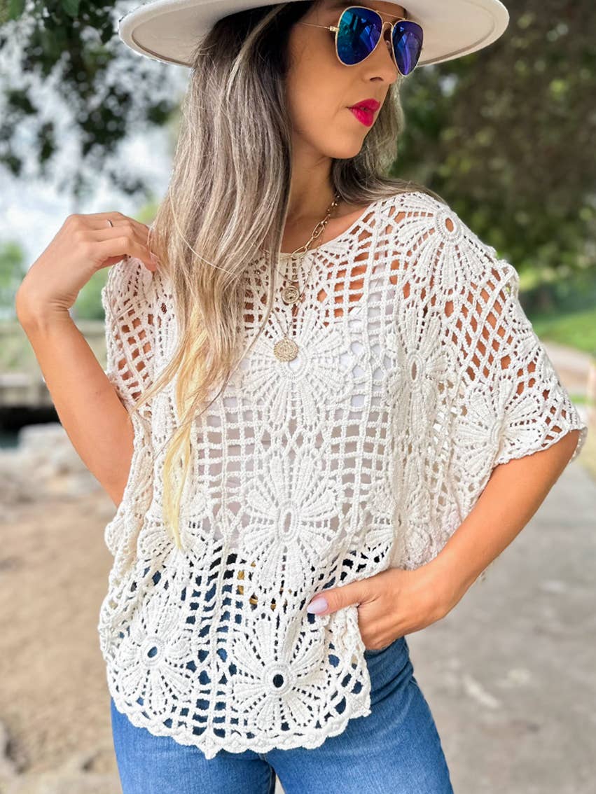 Ivory Boho Floral Crochet Dolman Sleeve Knit Top