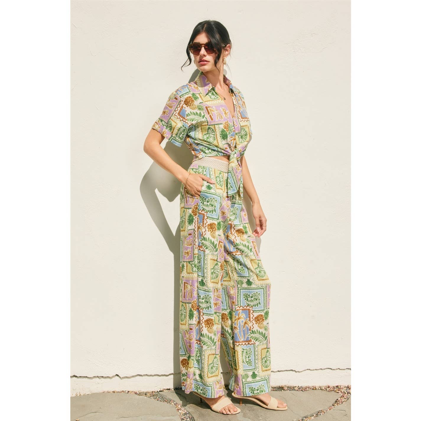 Tropical Conversational Decorative Waist Wide Leg Pants