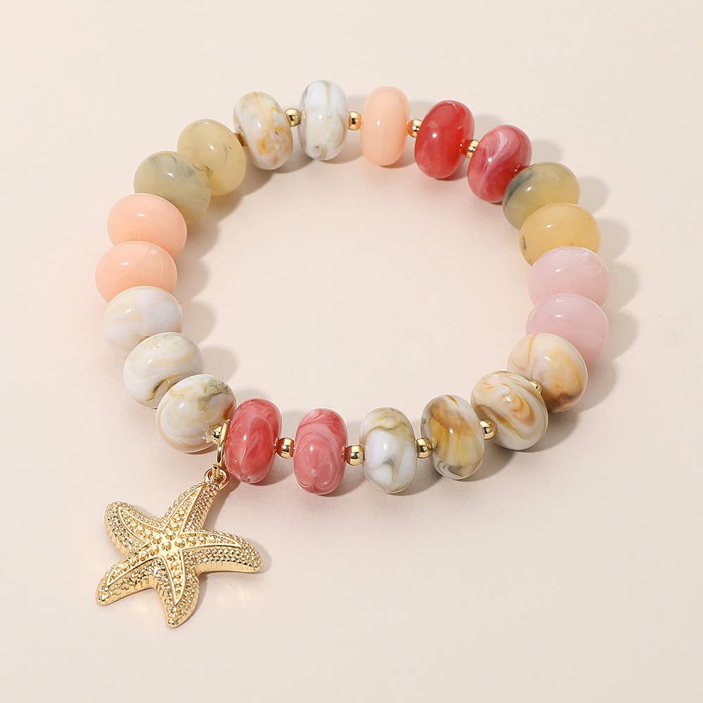 Textured Metal Starfish Charm Accent Resin Pebble Beaded Stretch Bracelet