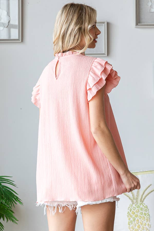 [PLUS SIZE] Crinkle Keyhole Ruffle Mock Neck Blouse T5519XL