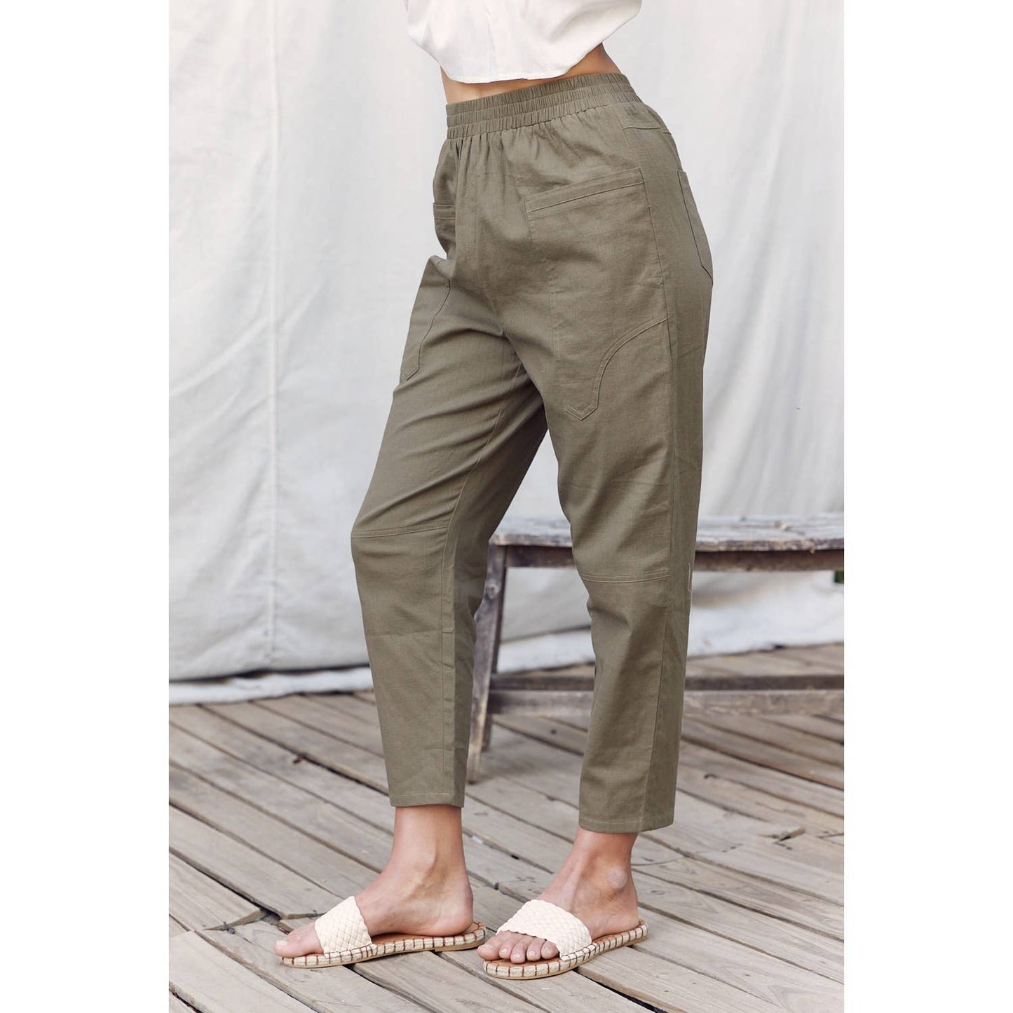 STRETCHED LINEN BLEND DEEP POCKETS CROPPED PANTS